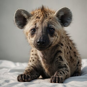 A baby hyena sitting with big, curious eyes, centered on a clean white canvas.