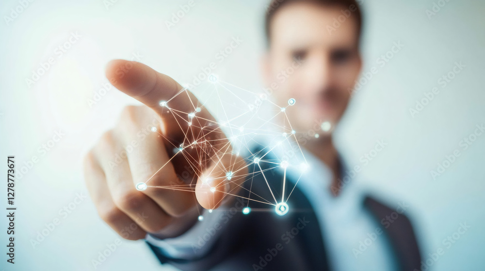 Poster businessman interacting with network connection lines and dots, concept of global business and techn