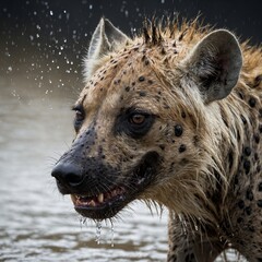 Obraz premium A detailed fur-textured hyena shaking off water droplets, set against a white background.
