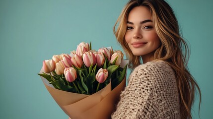 woman with tulips bouquet on studio background