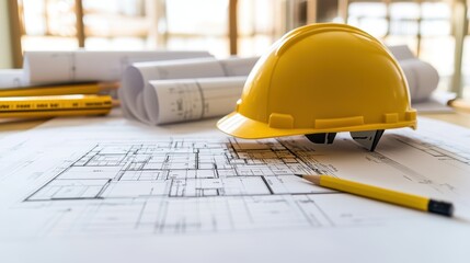 A detailed blueprint floor plan laid out on a table, accompanied by a yellow safety helmet and a pencil.