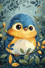 Fototapeta premium A cute, stylized blue and orange bird surrounded by colorful leaves in a whimsical forest.
