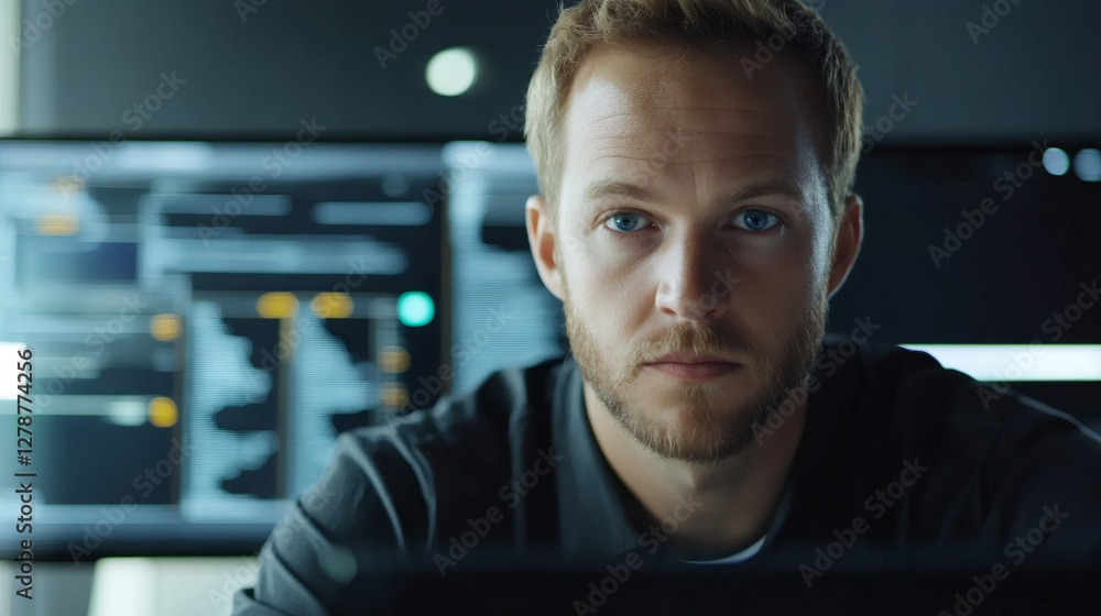 Poster portrait of a software developer working late at night in the office, analyzing code on computer scr