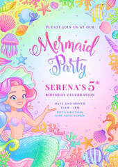 Mermaid birthday party invitation vector template.