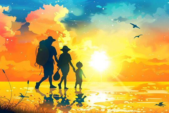 A family walks hand in hand along the beach at sunset, silhouetted against the vibrant sky, embracing the warmth of togetherness and the beauty of nature.