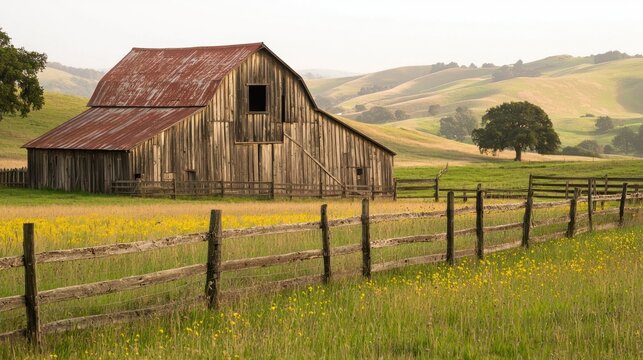 A weathered barn with vintage charm, surrounded by a wooden fence and rolling hills