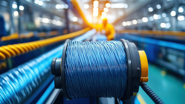 Wire factory, A worker monitoring high-speed wire drawing machinery in high fidelity.