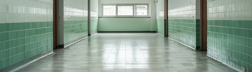 Fototapeta premium Empty Hospital Corridor with Green and White Tile Walls and Bright Natural Light from Windows