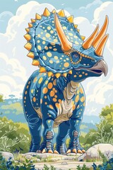 A colorful, stylized depiction of a triceratops with vibrant patterns in a natural setting.