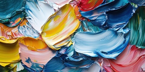 Vibrant hues dance across a richly textured tapestry—blues, whites, yellows, pinks, and reds merge seamlessly into an abstract masterpiece