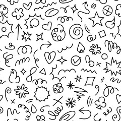 Seamless vector pattern featuring black and white hand-drawn stickers, scribbles, and doodles in a minimalist linear style. Square-format with monoline elements for posters, social media, prints