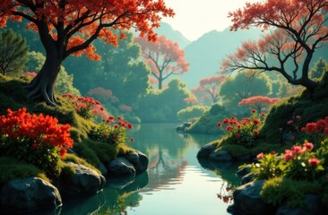 Serene traditional Chinese garden with a pond, red pavilion, lush greenery, and vibrant flowers