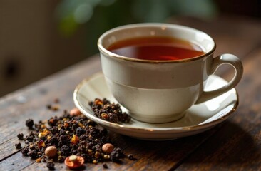 Vintage floral teacup with herbal tea and dried fruit pieces on a rustic wooden table