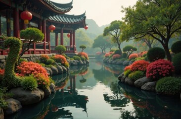 Serene traditional Chinese garden with a pond, red pavilion, lush greenery, and vibrant flowers