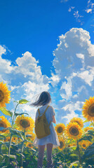 ひまわりと青空と少女