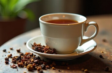 Vintage floral teacup with herbal tea and dried fruit pieces on a rustic wooden table