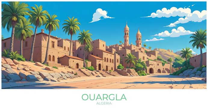 Ouargla Algeria Travel Poster Flat Illustration Print Decor Gift Canvas Wall Art