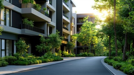 Wide asphalt road runs between modern apartment buildings. Green trees line both sides of road creating tranquil urban landscape. Bright sunlight illuminates scene creating warm summer day