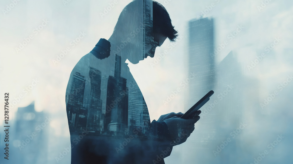 Leinwandbilder businessman using tablet with double exposure city skyline effect representing connection and smart 