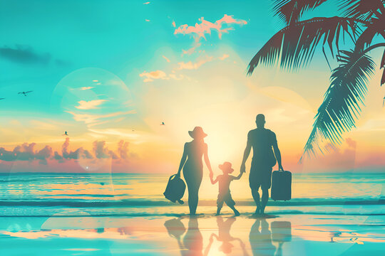 Back view of happy family enjoy tropical sunset with palm tree beach sea water
