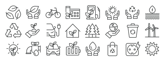 Set of line icons related environment, ecology, sustainable, energy. Editable stroke. 500x500px Perfect pixel on transparent background