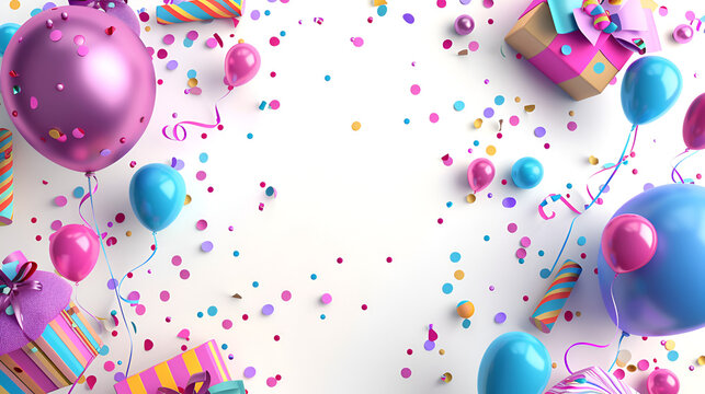 A colorful and festive backdrop for a childs birthday party featuring bright balloons, confetti, and presents. Generative AI

