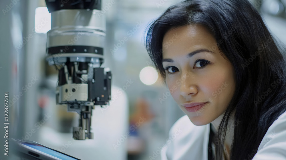 Poster asian female engineer operating a robotic arm with a tablet in a high-tech, futuristic factory envir