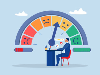 Job satisfaction,Businessman meditate at office desk with satisfaction rating work environment wellbeing, office quality happiness, career growth or workload concept vector illustrator