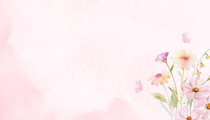 pink watercolor background with watercolor flowers and  butterfly, PNG