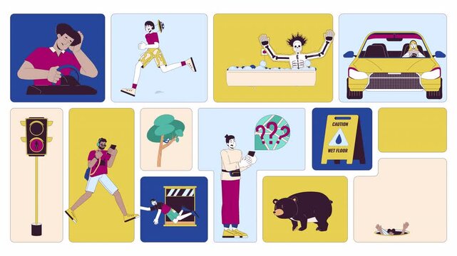 Safety hazards in daily life animated bento grid layout. Dangerous actions. Everyday risks, unexpected dangers 2D animation flat cartoon ui collage design. 4K video motion graphic collection