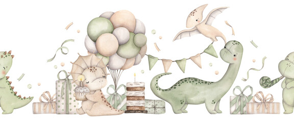 Dinosaurs Birthday Party. Watercolor hand-drawn seamless horizontal board with little dinosaurs, balloons, gifts and confetti.