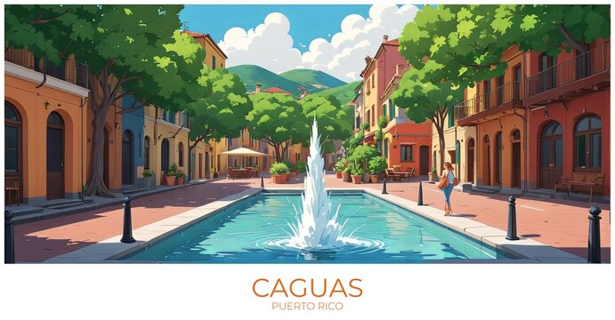 Caguas Puerto rico Travel Poster Flat Illustration Print Decor Gift Canvas Wall Art