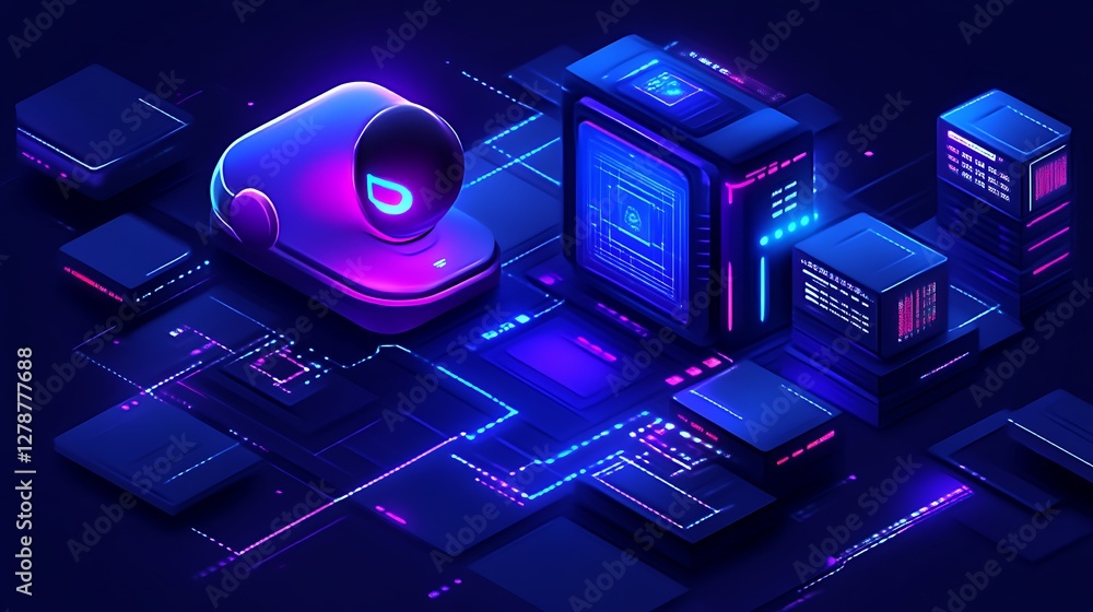 Poster abstract futuristic technology network with glowing neon circuit board and server blocks