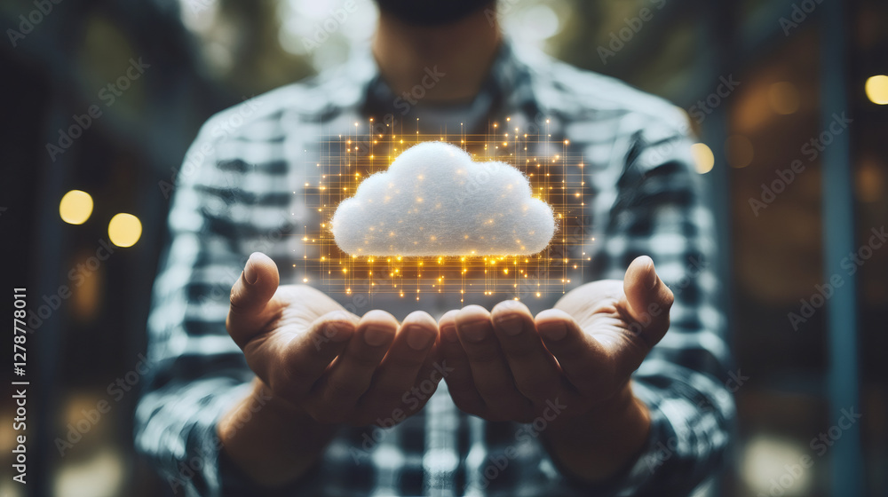 Aufkleber businessman holding a cloud computing icon made of lights in his hands, concept of cloud computing a