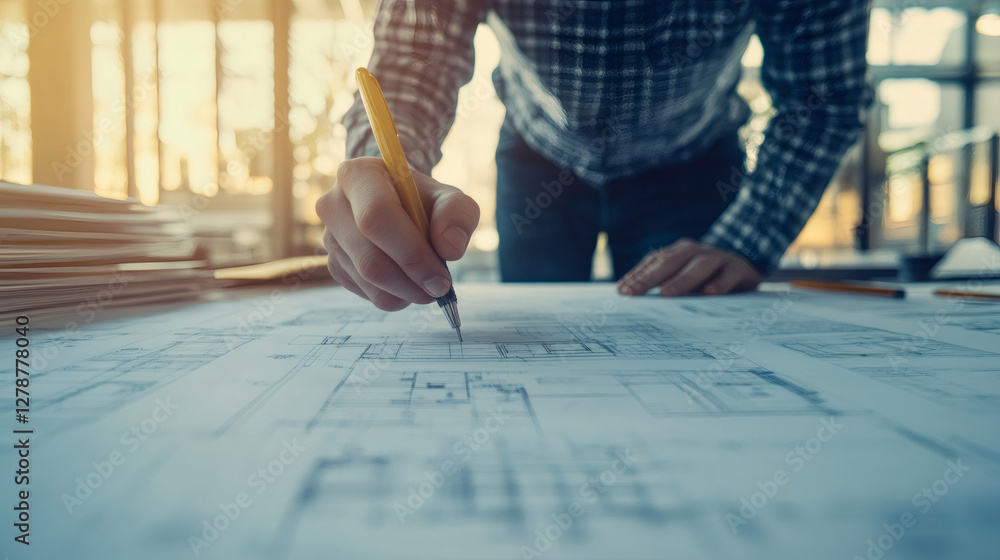 Poster professional architect drawing precise blueprints at desk, concentrating on architectural design wit