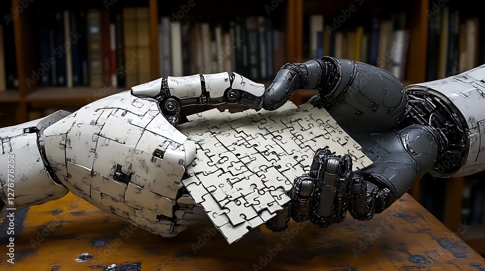 Poster robotic hands handling a puzzle piece with a bookshelf backdrop symbolizing technology integration