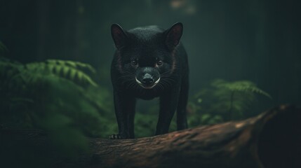 Mysterious black creature stands on log amidst lush green foliag