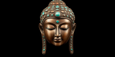 Bronze Buddha Head Statue with Turquoise and Green Inlay on Solid Black Background in Hyper-Realistic Portrait Photography