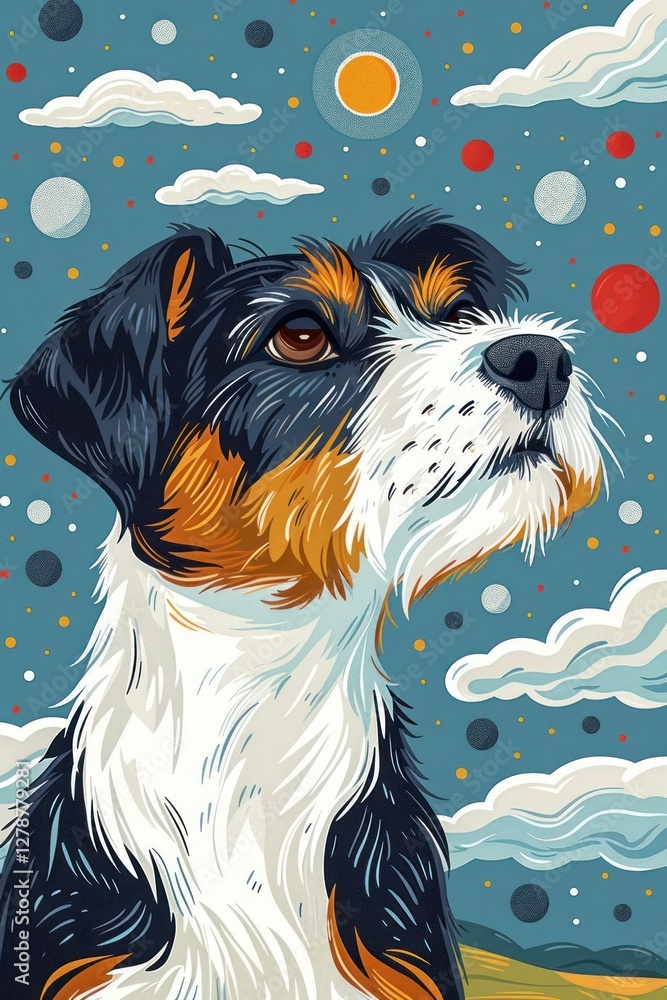 Poster a colorful illustration of a dog against a patterned background with clouds and circles.