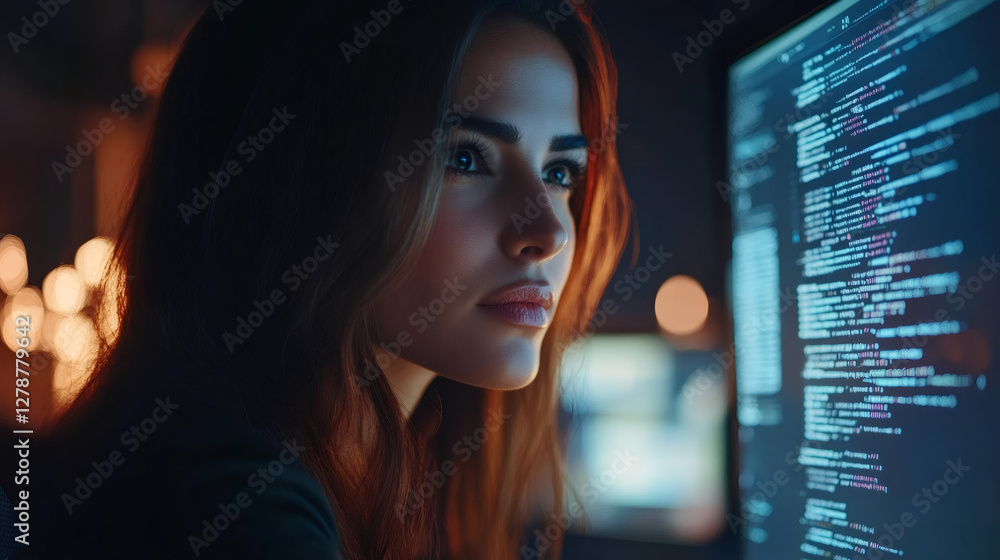 Leinwandbilder young woman programmer looking at computer screen with source code in dark office at night