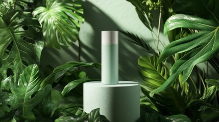 podium natural plant cosmetic mockup wellness products display. Green Botanical Product Display on Pedestal.