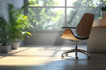 Fototapeta premium Comfortable ergonomic office chair placed beside a modern wooden desk, illuminated by soft daylight from a bright office window behind it.