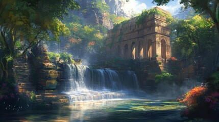 Fototapeta premium The soft murmur of water flowing over ancient stones forms a meditative sanctuary, where serenity and balance coexist effortlessly.