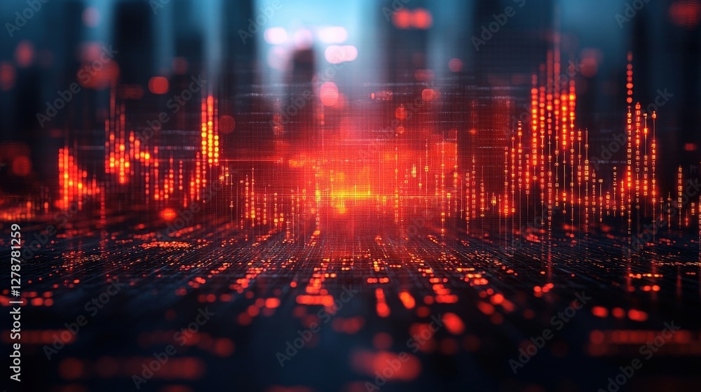 Poster abstract digital sound wave visualization with glowing red elements against a blurred cityscape back