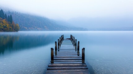 Naklejka premium Serene Lake Reflections Under Misty Morning Light