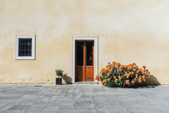 Fototapeta Charming Rustic Door With Orange Blooms Against Sunlit Wall