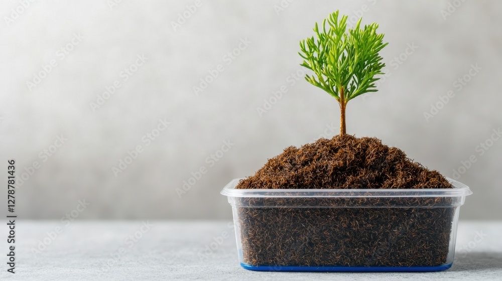 Poster coco peat moss concept, fresh coco peat moss with seedling in clear container displaying healthy gro
