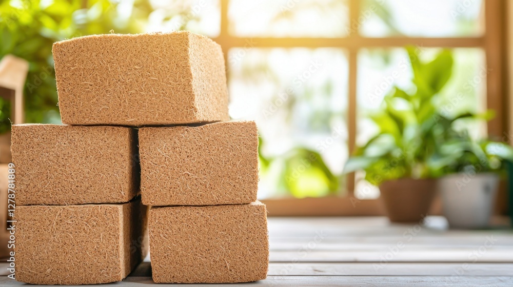 Poster coco peat moss concept, stacked coco peat blocks neatly arranged on table with greenery in backgroun