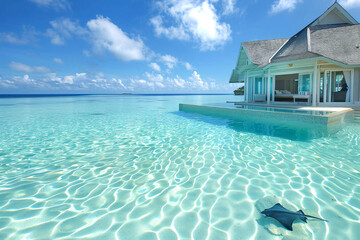 Obraz premium Exotic beach villa with azure waters, featuring an eagle ray in the shallow waters near the shore.
