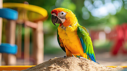 Obraz premium Colorful parrot perched on sandy mound in playful playground setting